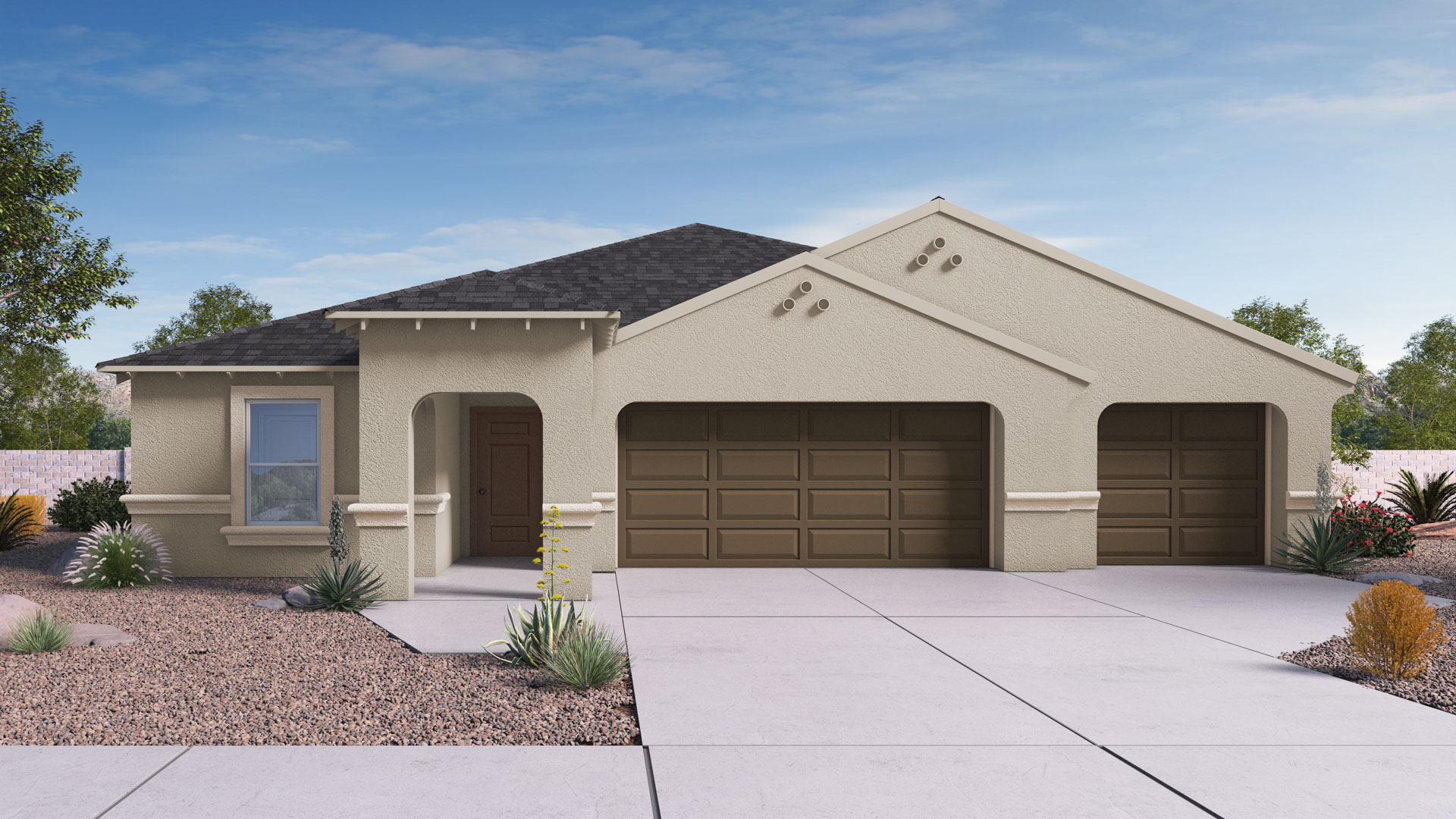 Newly built single-story home with modern architecture, a double garage, and landscaped front yard.