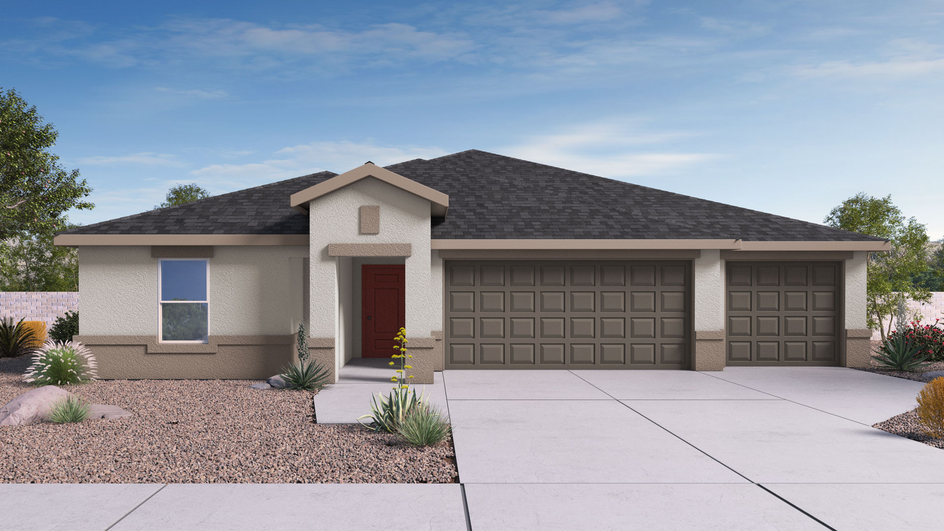 Newly built single-story home with modern architecture, a double garage, and landscaped front yard.