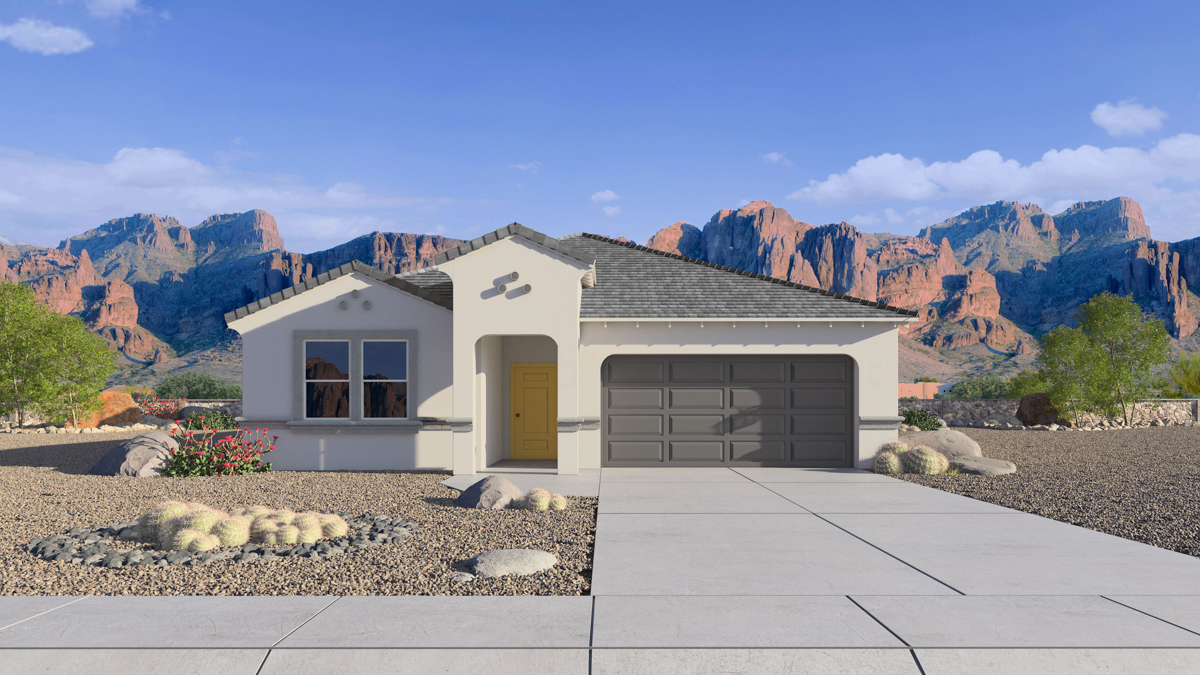 Newly built single-story home with modern architecture, a double garage, and landscaped front yard.