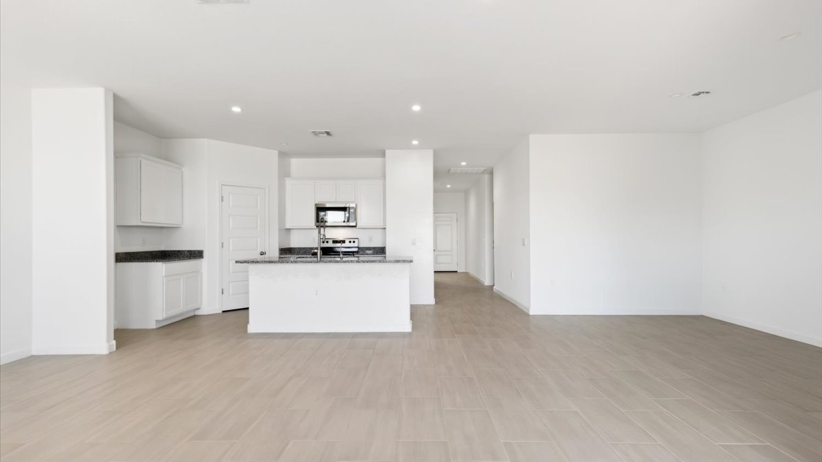 Kitchen and living room.