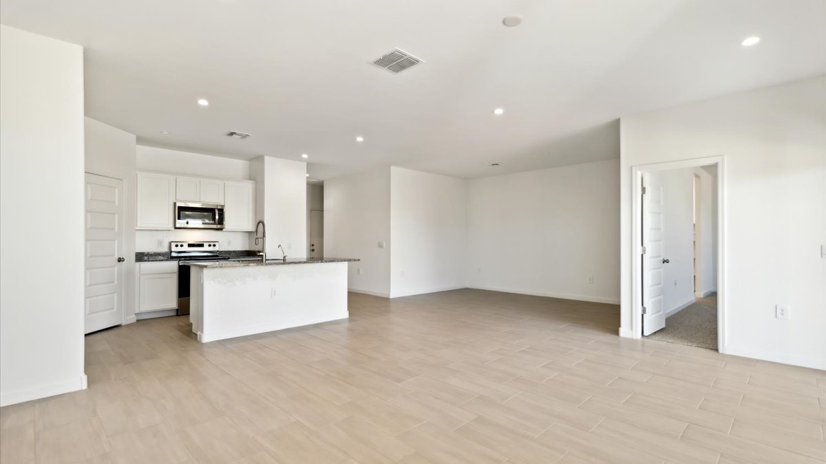 Kitchen and living room.