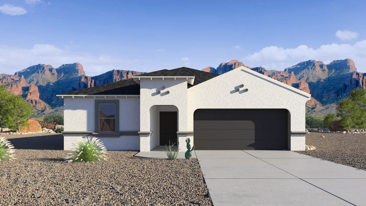 Newly built single-story home with modern architecture, a double garage, and landscaped front yard.