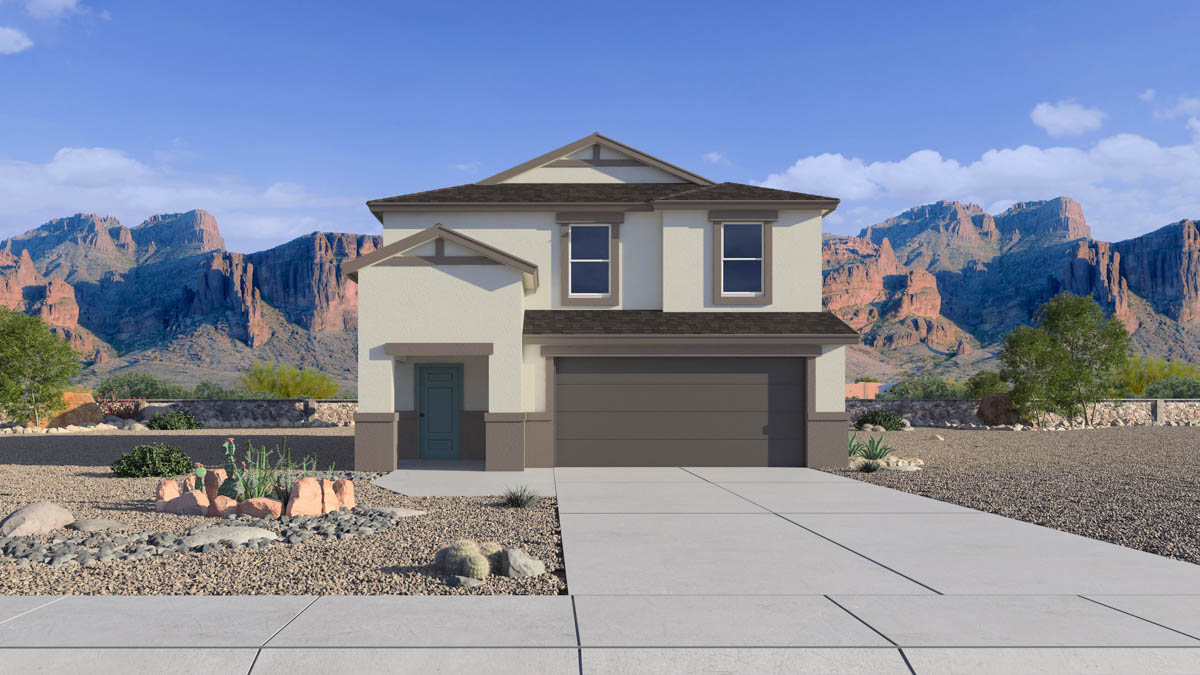 Newly built two-story townhome with modern architecture, a double garage, and landscaped front yard.