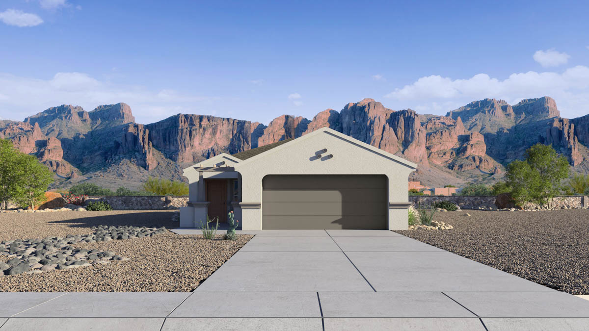Newly built single-story home with modern architecture, a double garage, and landscaped front yard.