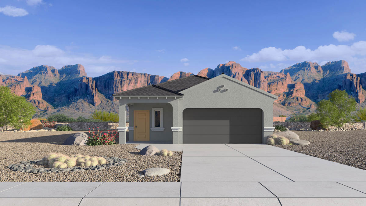 Newly built single-story home with modern architecture, a double garage, and landscaped front yard.