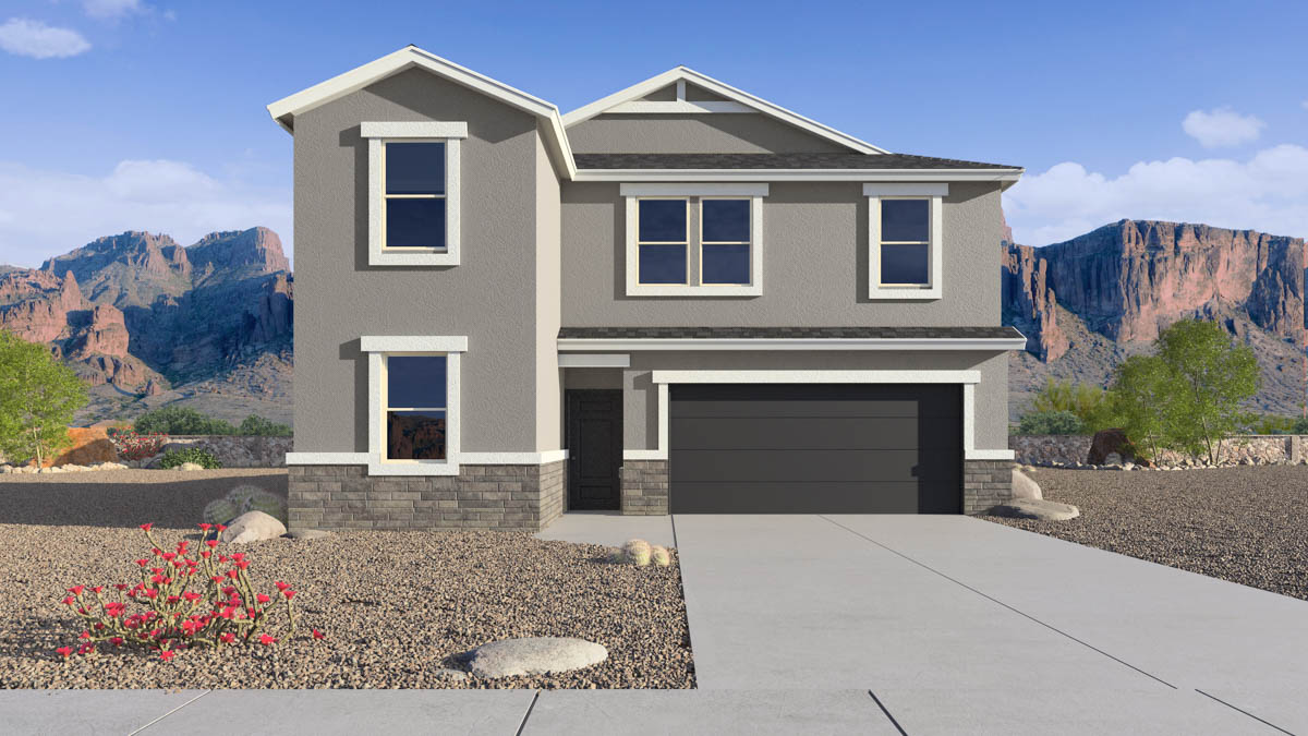Newly built two-story home with modern architecture, a double garage, and landscaped front yard.
