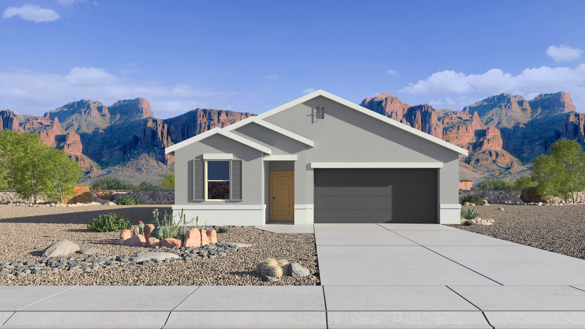 Newly built single-story home with modern architecture, a double garage, and landscaped front yard.