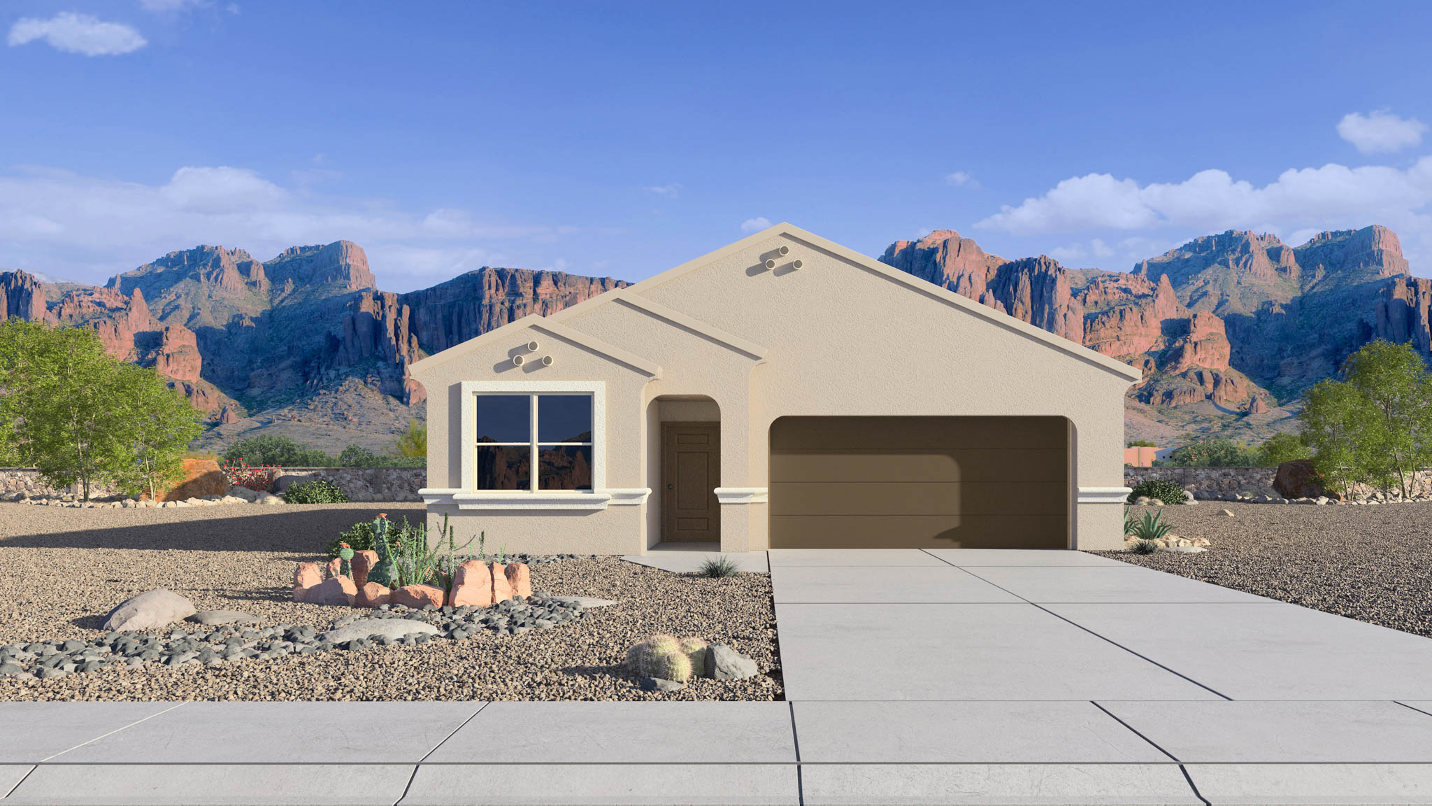 Newly built single-story home with modern architecture, a double garage, and landscaped front yard.
