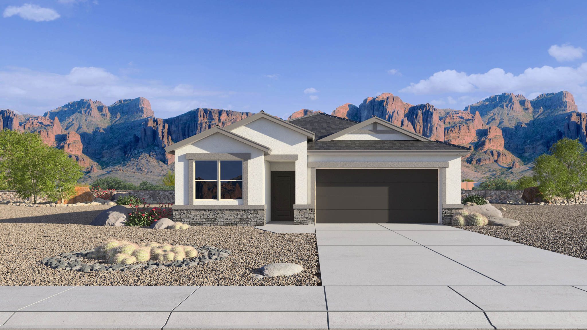 Newly built single-story home with modern architecture, a double garage, and landscaped front yard.