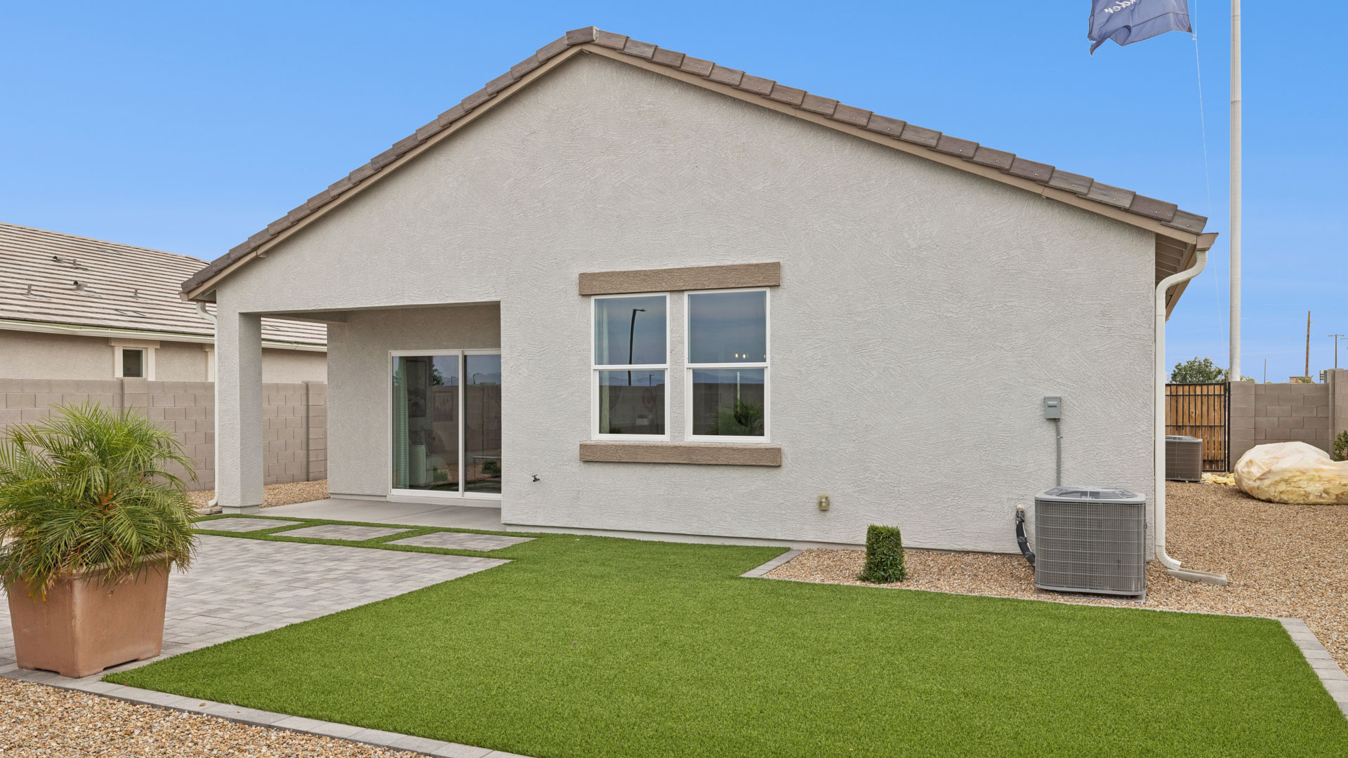 Large fenced-in backyard with a covered patio, perfect for outdoor entertainment.