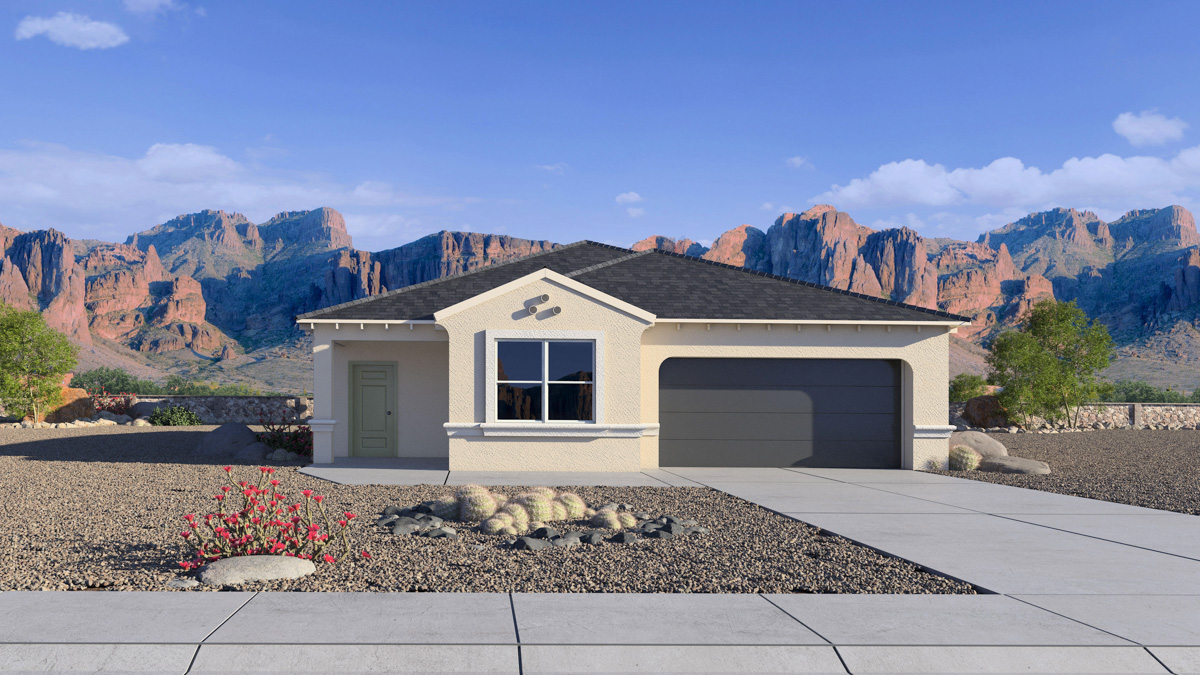 Newly built single-story home with modern architecture, a double garage, and landscaped front yard.