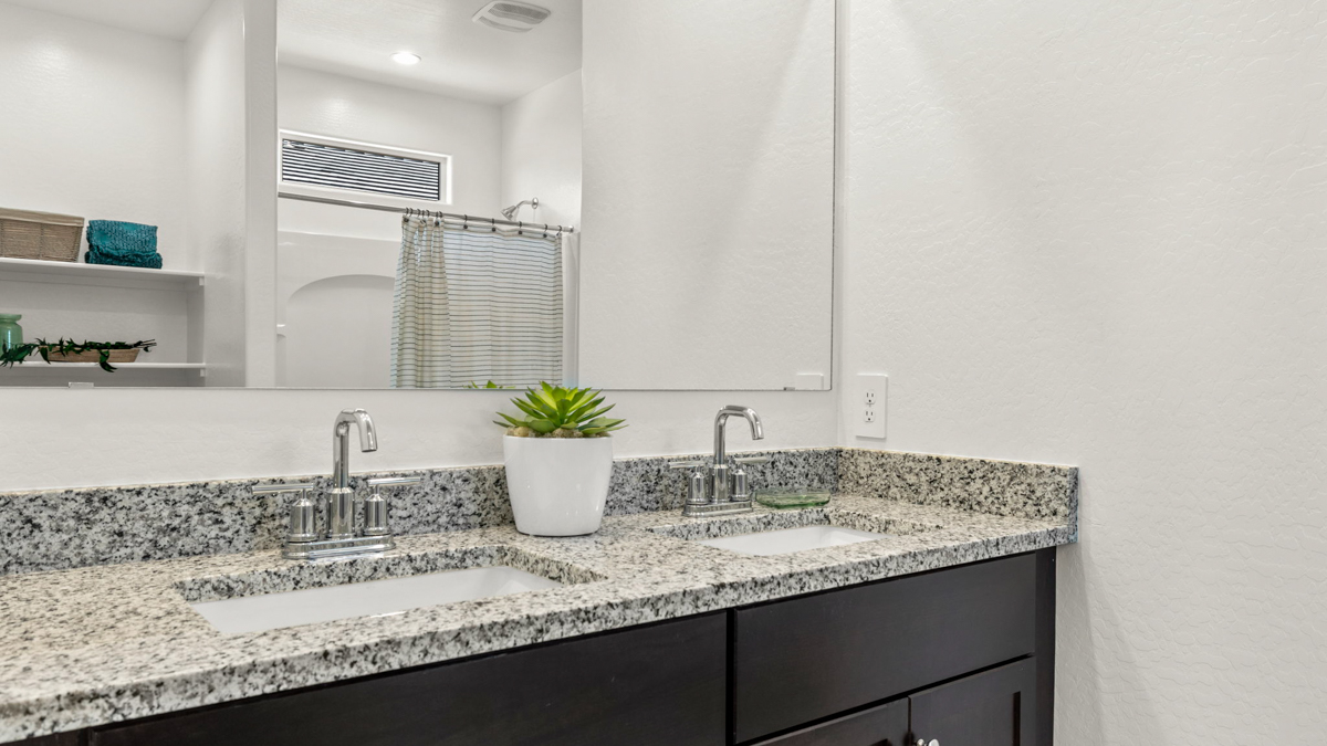 primary bathroom with dual vanities