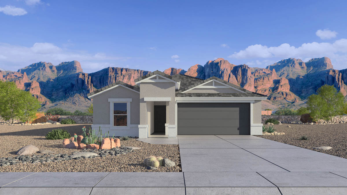 Newly built single-story home with modern architecture, a double garage, and landscaped front yard.