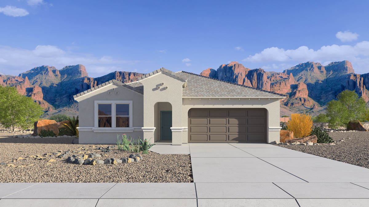 Newly built single-story home with modern architecture, a double garage, and landscaped front yard.
