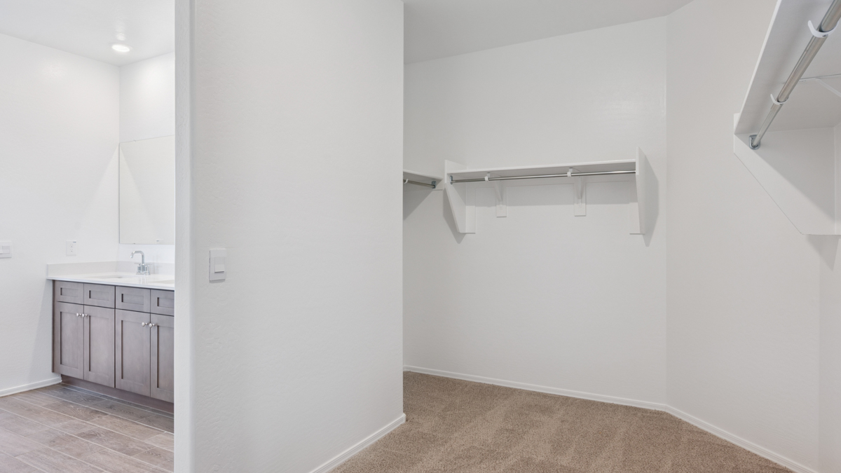 Modern primary bathroom with double vanities, quartz countertops with a walk-in shower and a walk-in closet.