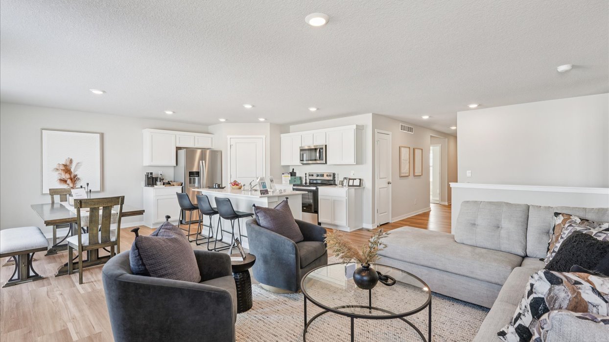 view of living room and modern kitchen and dining ares
