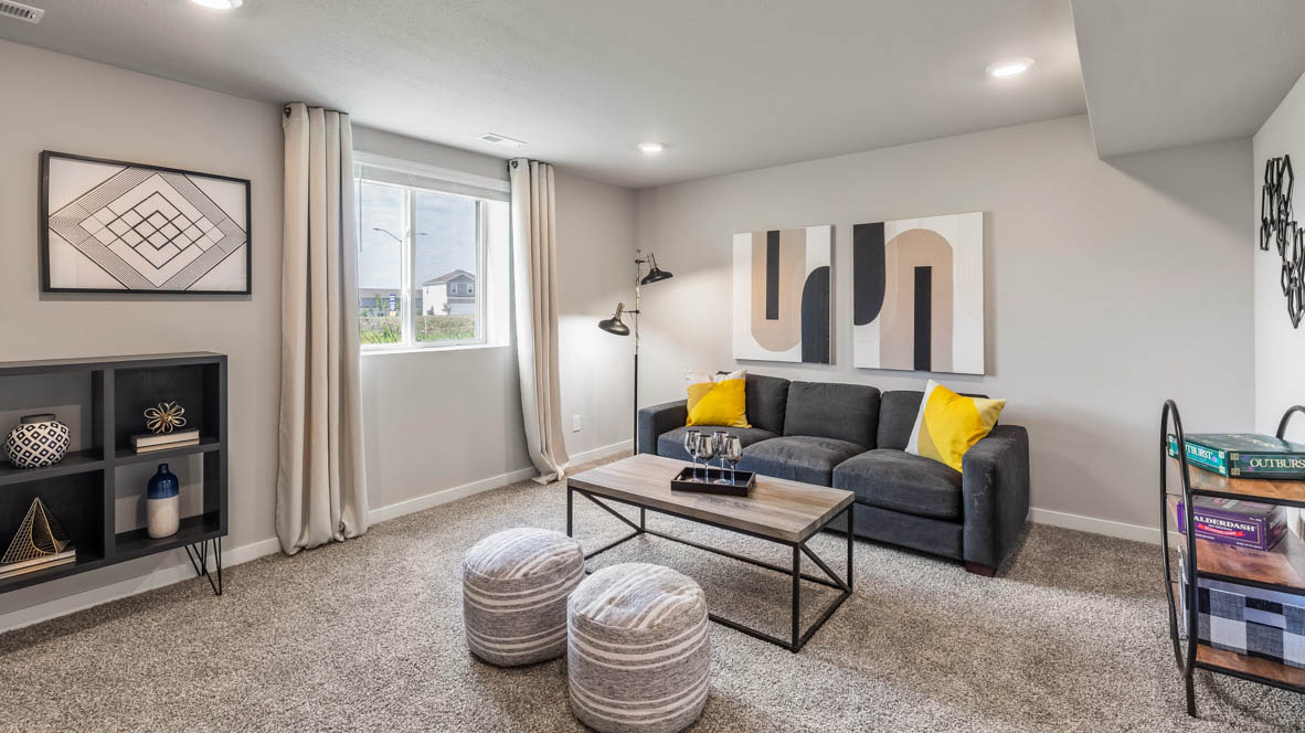 Finished basement living area with comfortable seating space and flexible room for entertaining or relaxing.