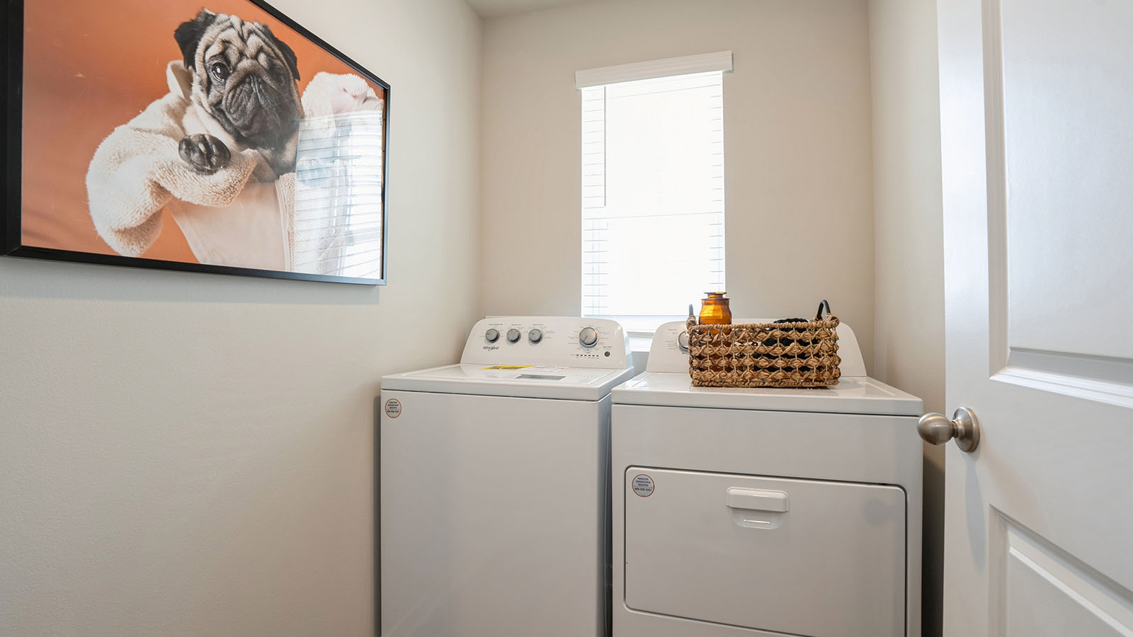 Dedicated laundry room with built-in shelving and utility connections.
