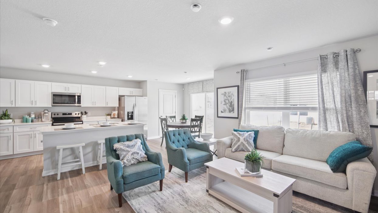 Open concept living room with electric fireplace