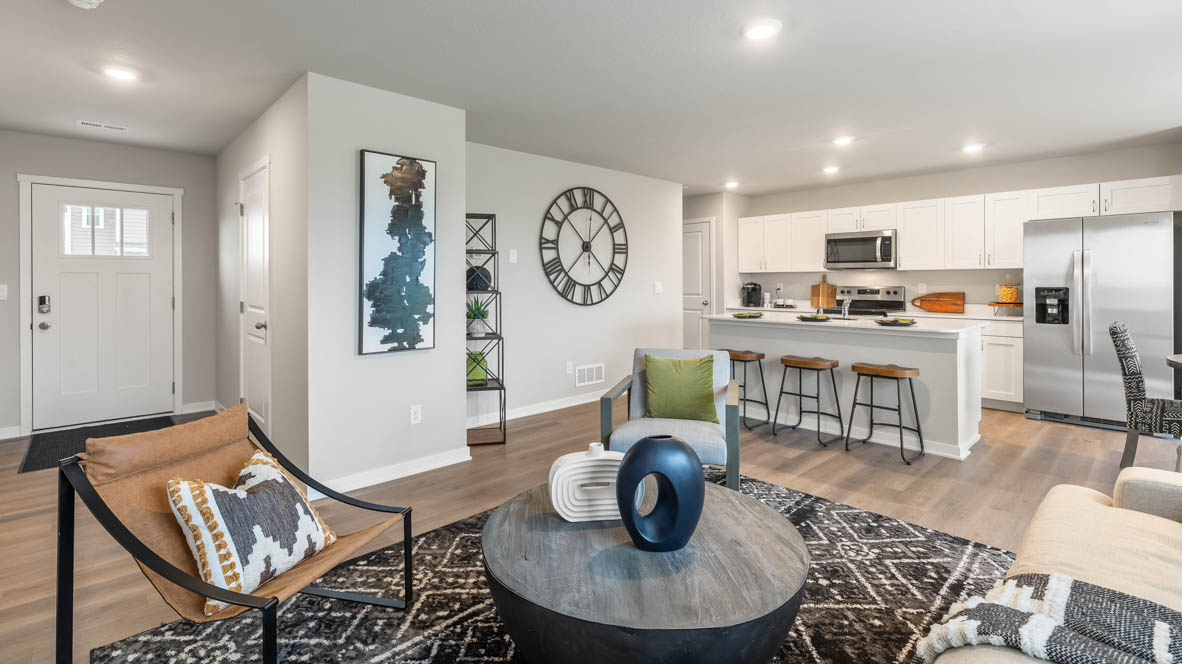 Open concept living room with electric fireplace