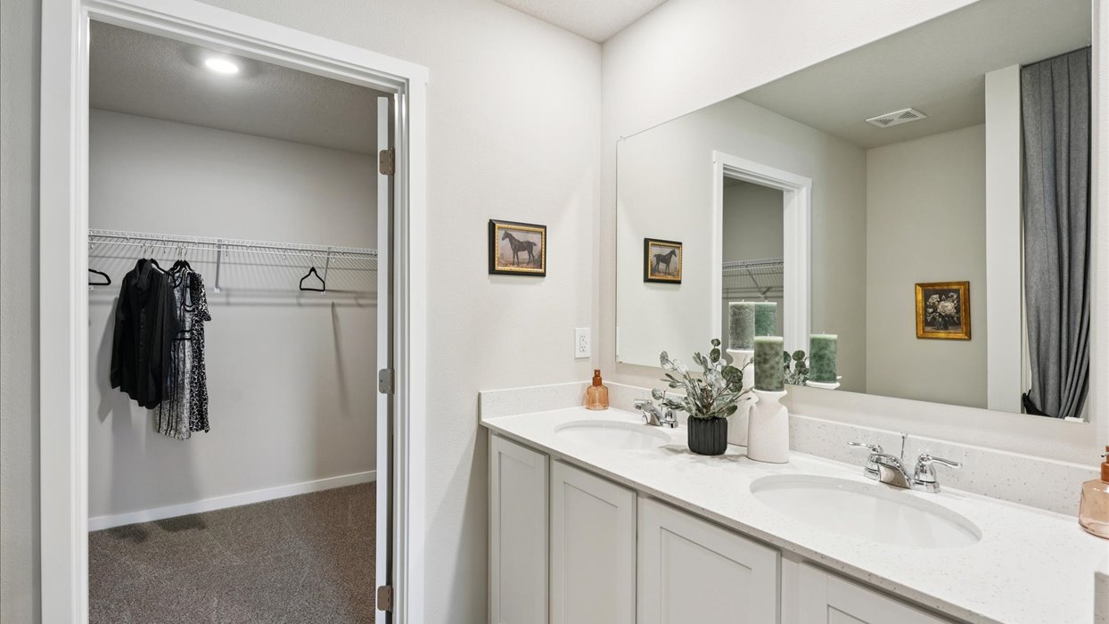 Spacious primary bathroom featuring dual vanities, modern fixtures, and a walk-in shower.
