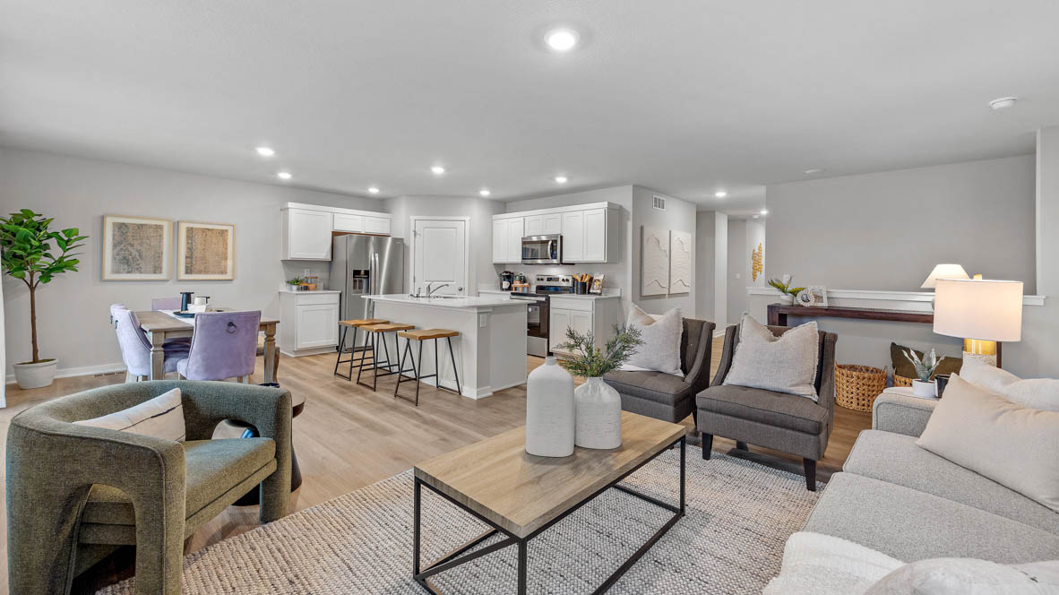 Open concept living room with electric fireplace
