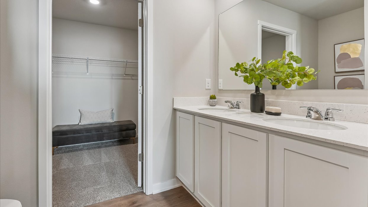 Spacious primary bathroom featuring dual vanities, modern fixtures, and a walk-in shower.