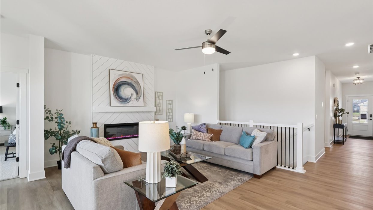 open fairfield living room with electric fireplace