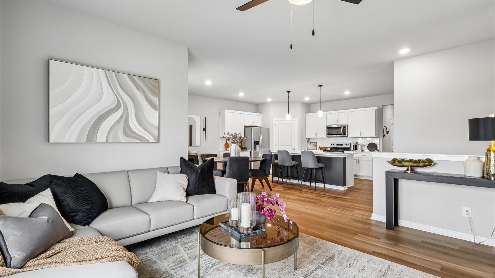Open concept living room with electric fireplace