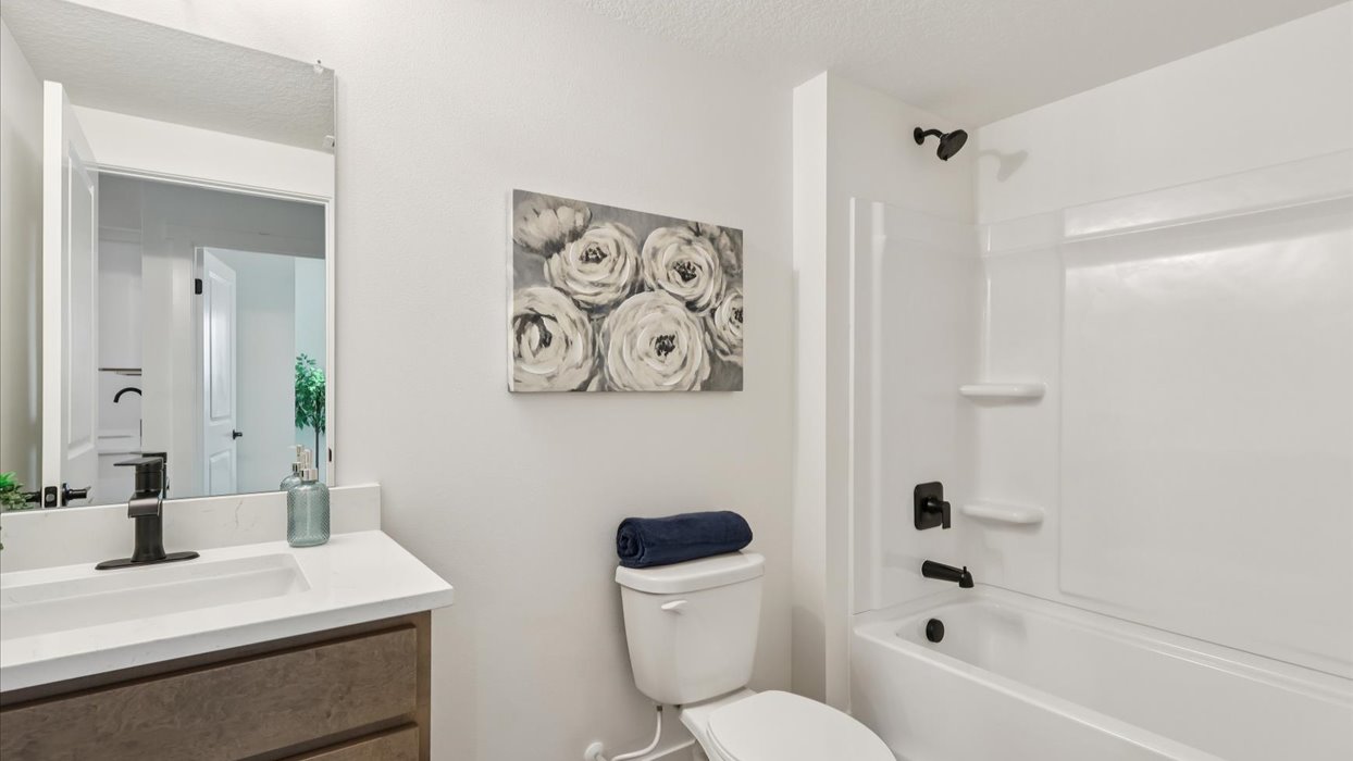 Sleek family-guest bath with single sink, mirror, cabinets, and shower-tub combination