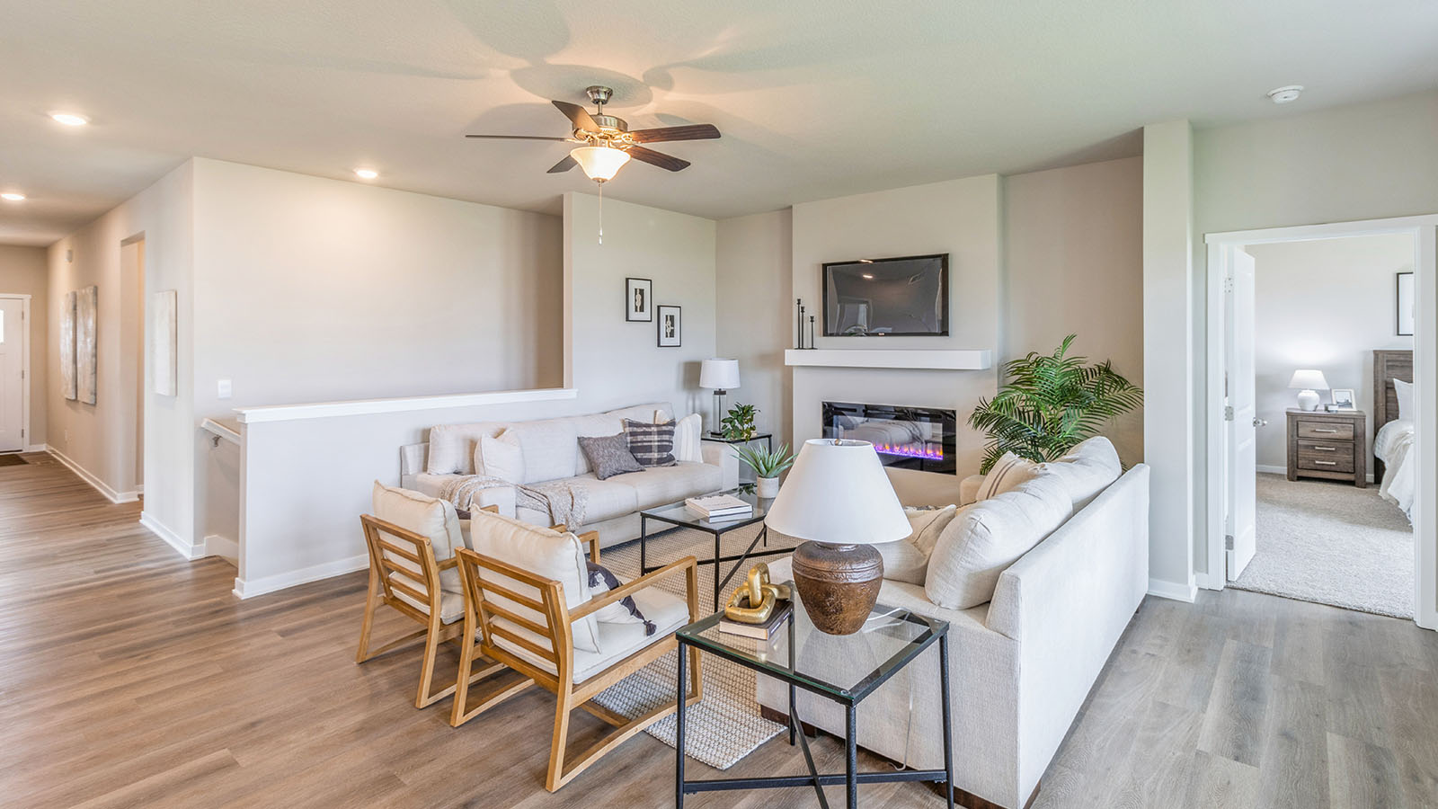 open living room with electric fireplace