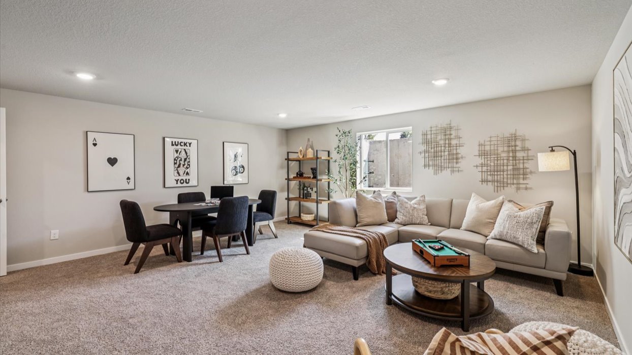 finished basement with couches and coffee table