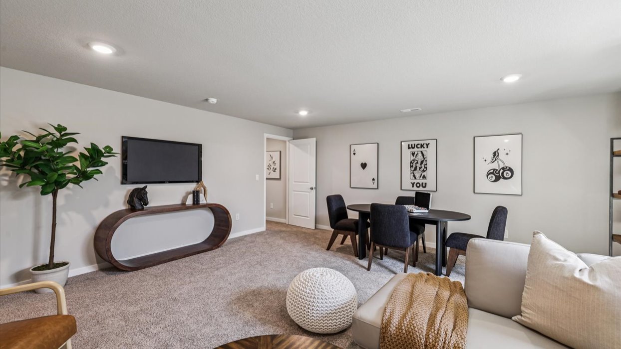 finished basement with couch and mounted tv