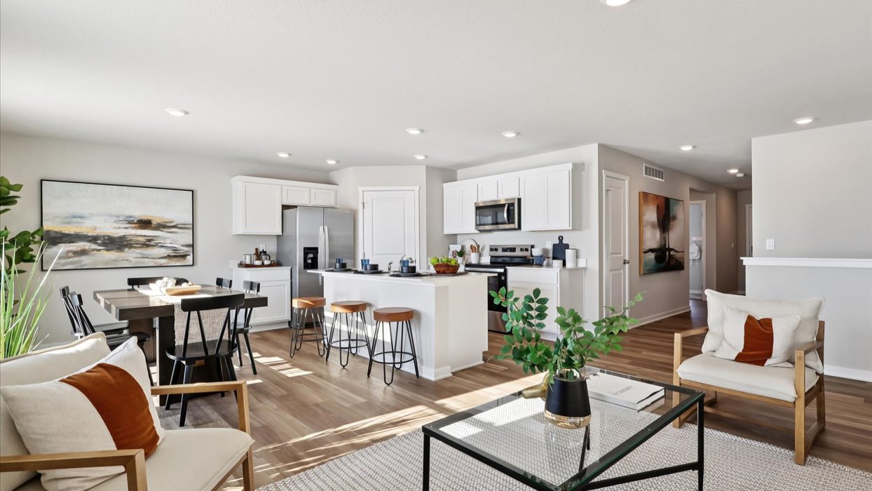 overview of living room with view of kitchen