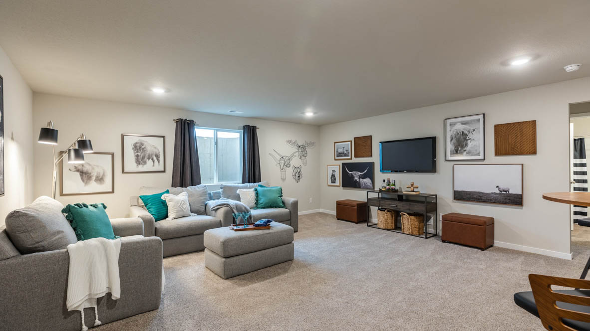 Finished basement living area with comfortable seating space and flexible room for entertaining or relaxing.