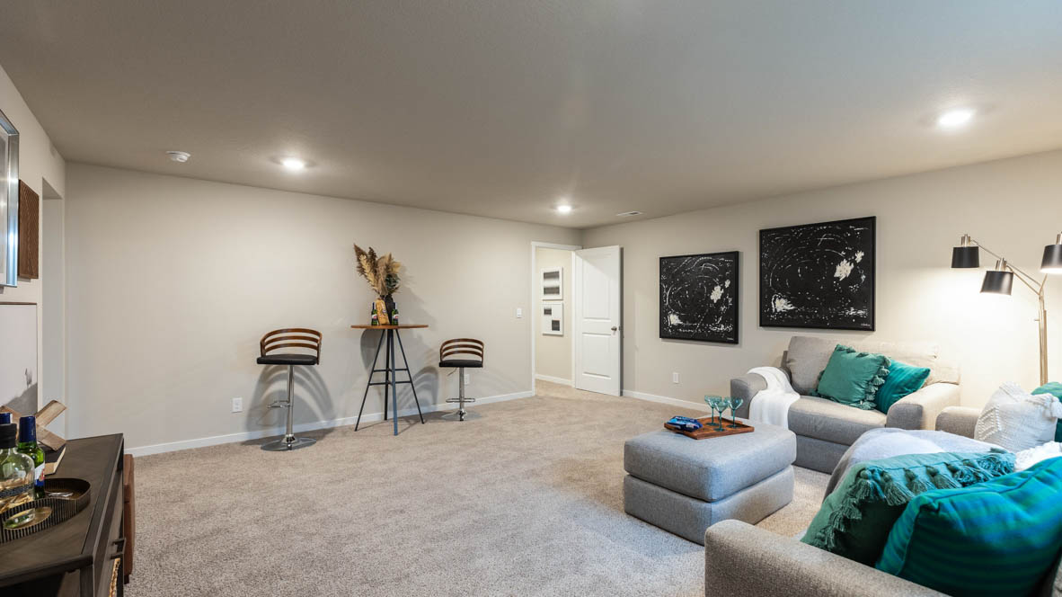Finished basement living area with comfortable seating space and flexible room for entertaining or relaxing.