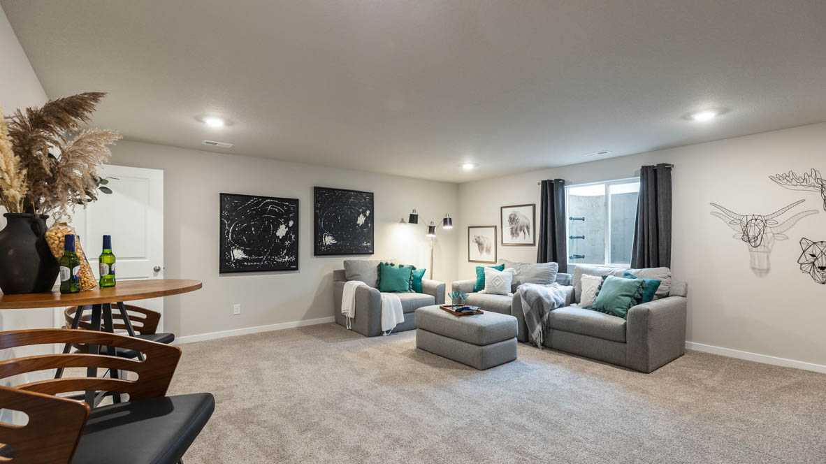 Finished basement living area with comfortable seating space and flexible room for entertaining or relaxing.