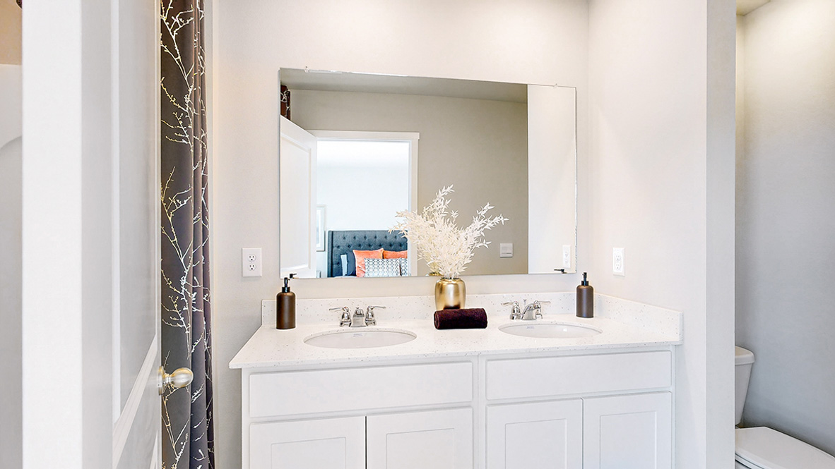 Spacious primary bathroom featuring dual vanities, modern fixtures, and a walk-in shower.