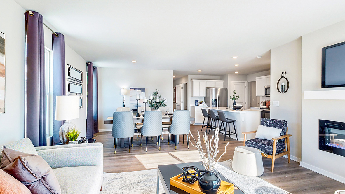 Open concept living room with electric fireplace