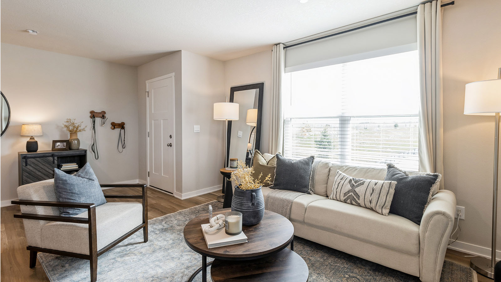Open concept living room with electric fireplace