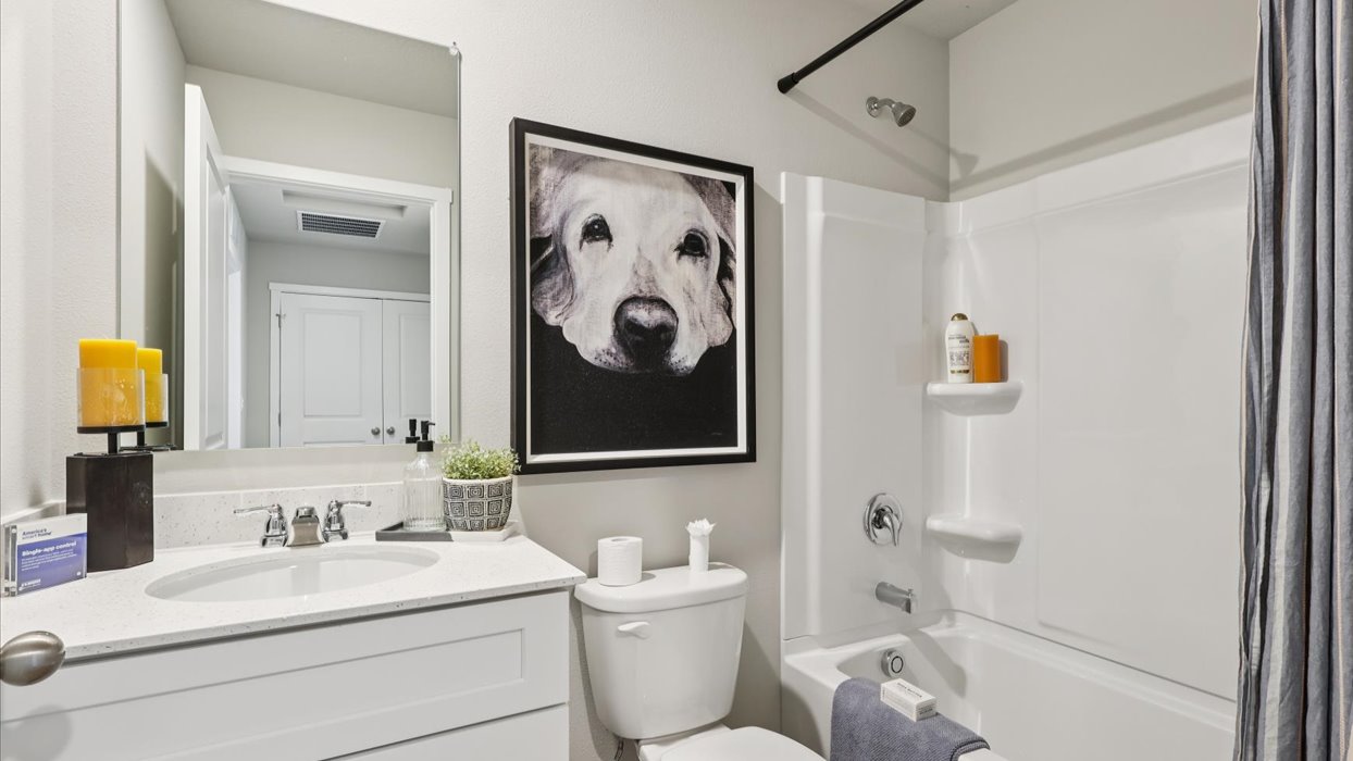 Stylish full bathroom with bright lighting and functional design.