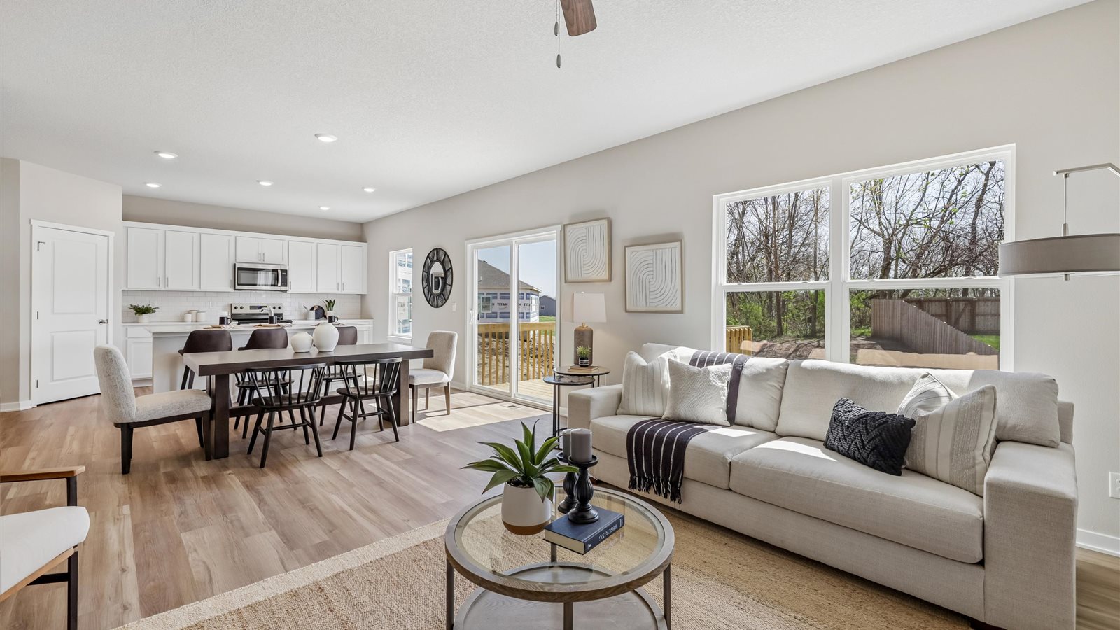 Open concept living room with electric fireplace