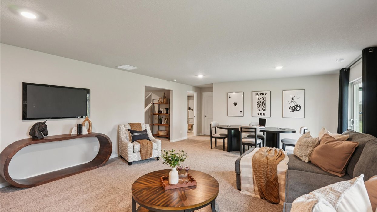 Finished basement living area with comfortable seating space and flexible room for entertaining or relaxing.