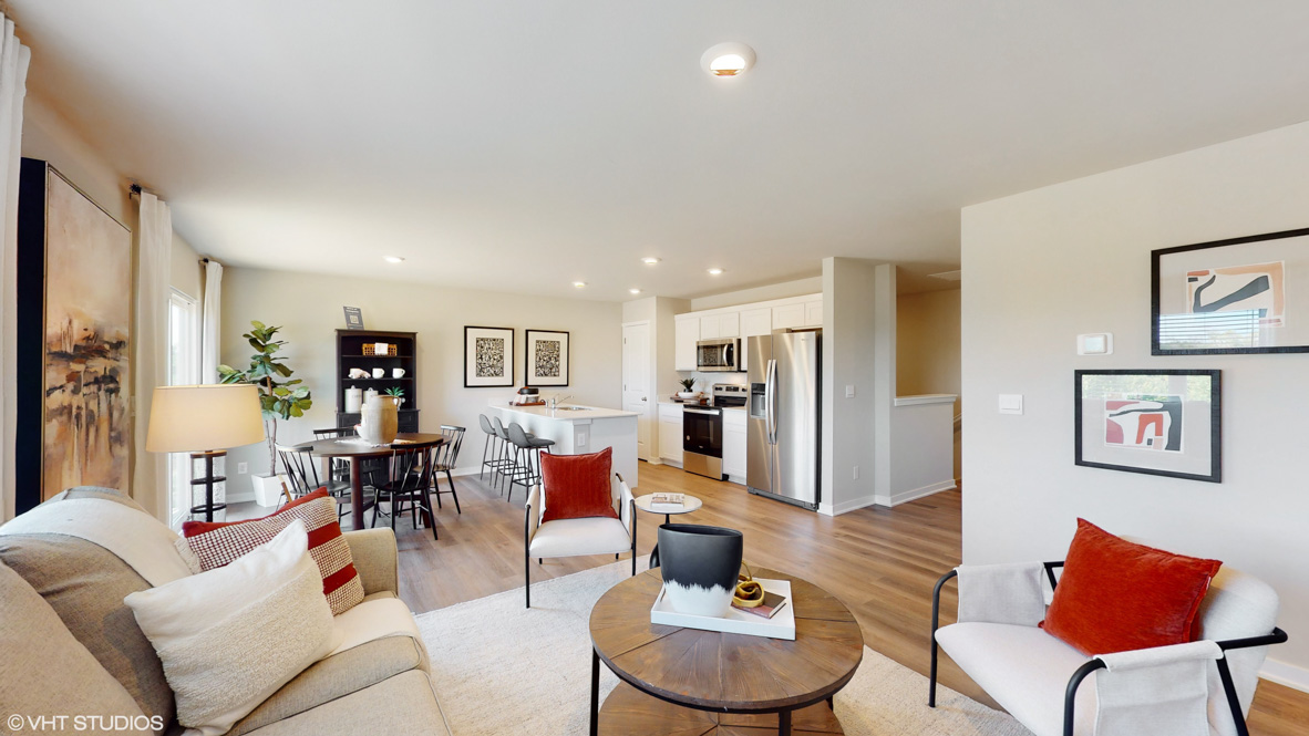 Open concept living room with electric fireplace