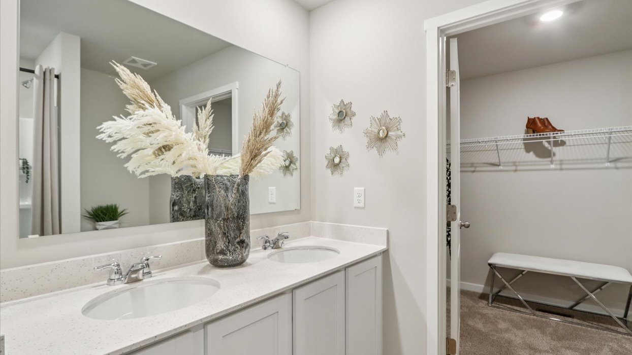 Spacious primary bathroom featuring dual vanities, modern fixtures, and a walk-in shower.