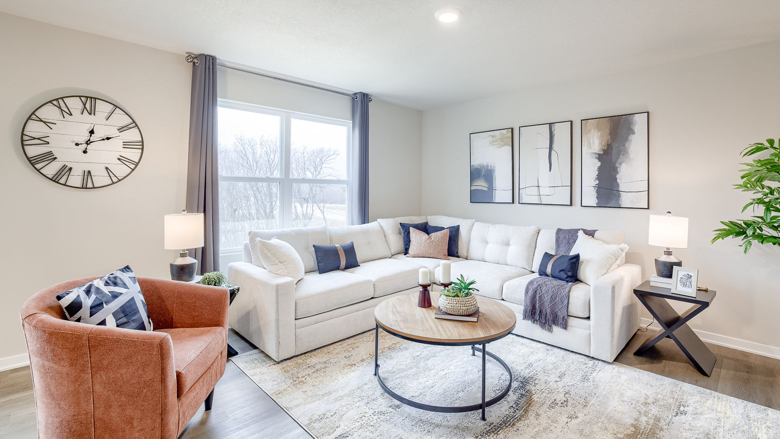 New home living room with modern design details and functional connectivity for daily flexibility