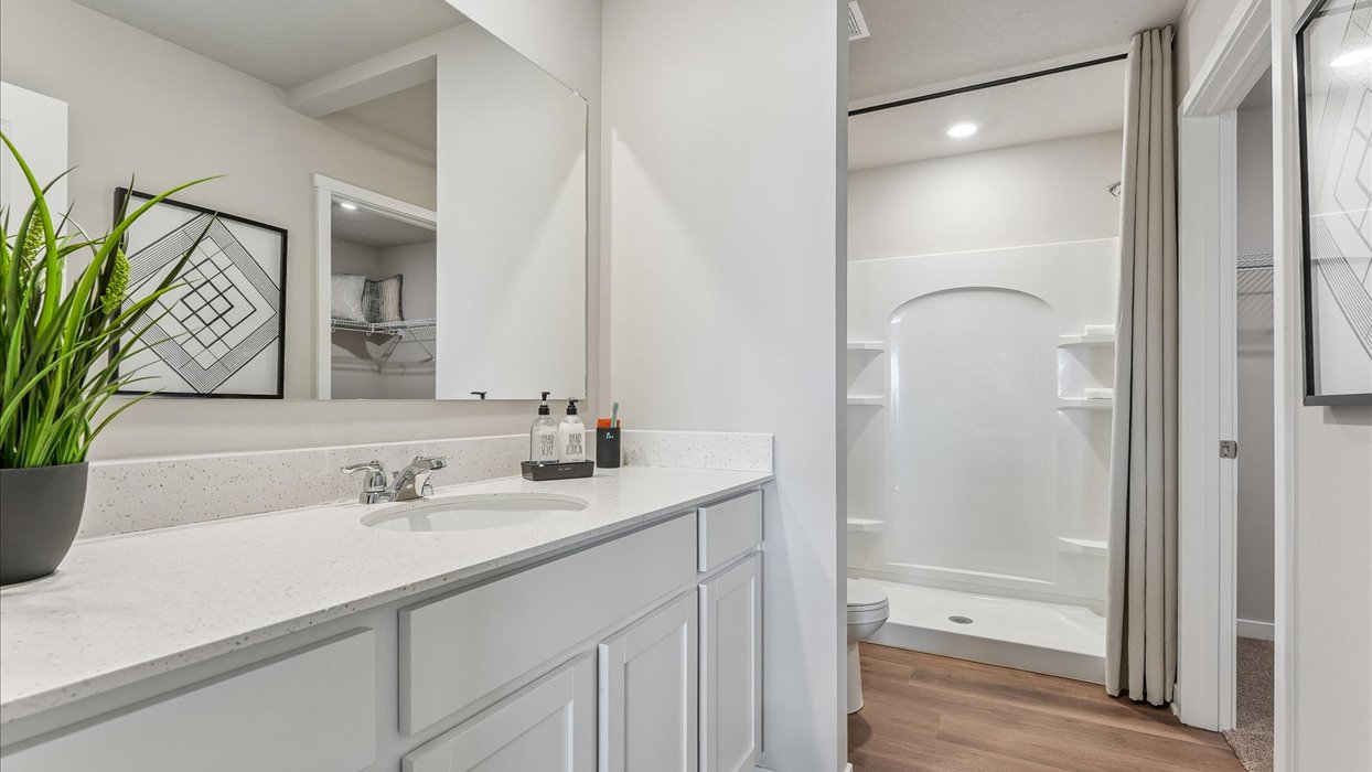 Family full bathroom 2, stylish vanity, mirror, refined fixtures, cabinets, upmarket tub-shower combo