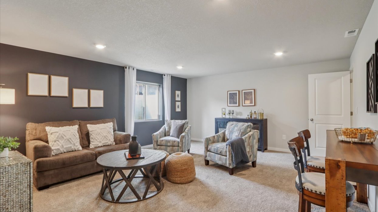 Finished basement living area with comfortable seating space and flexible room for entertaining or relaxing.