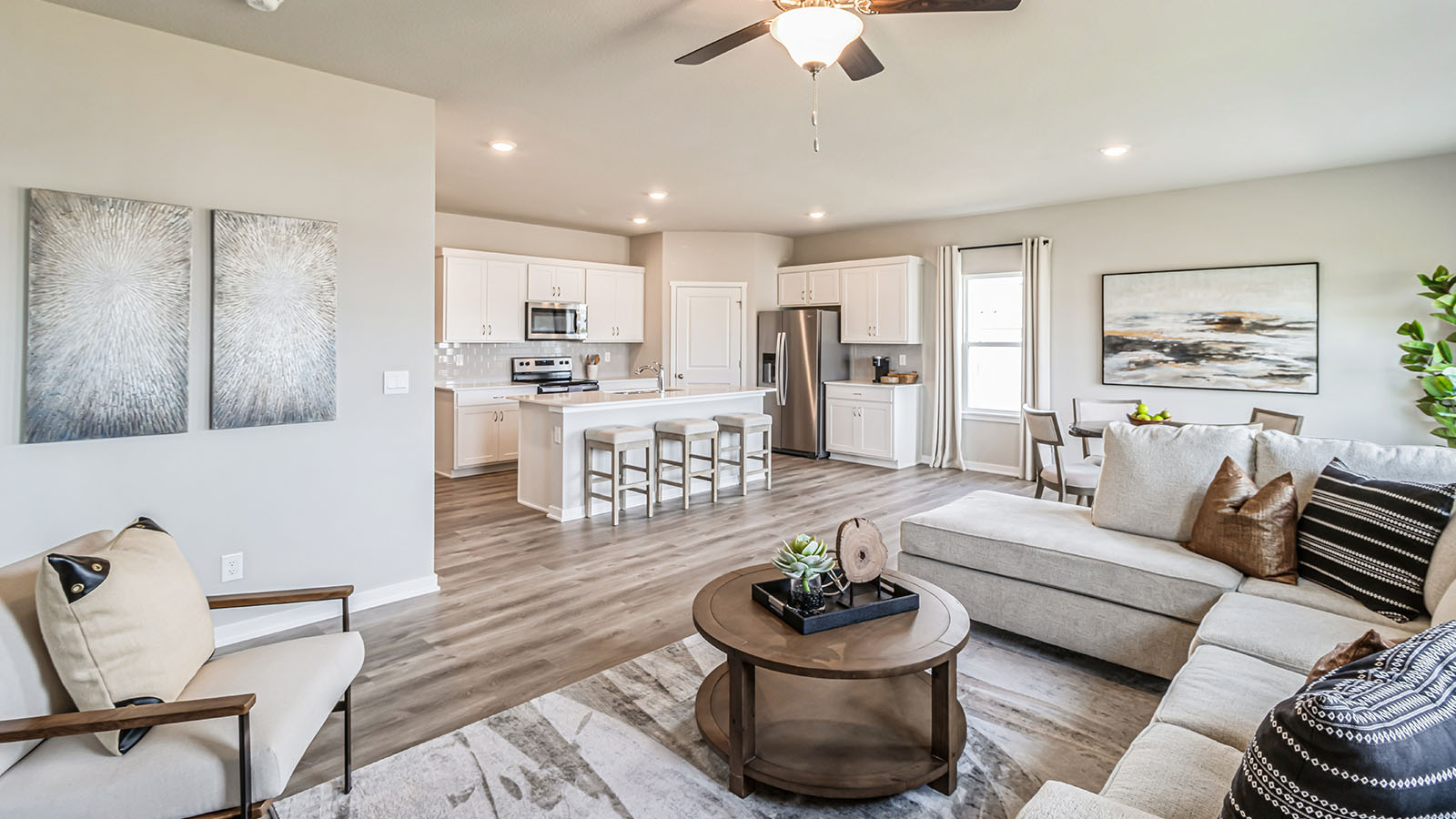 Open concept living room with electric fireplace