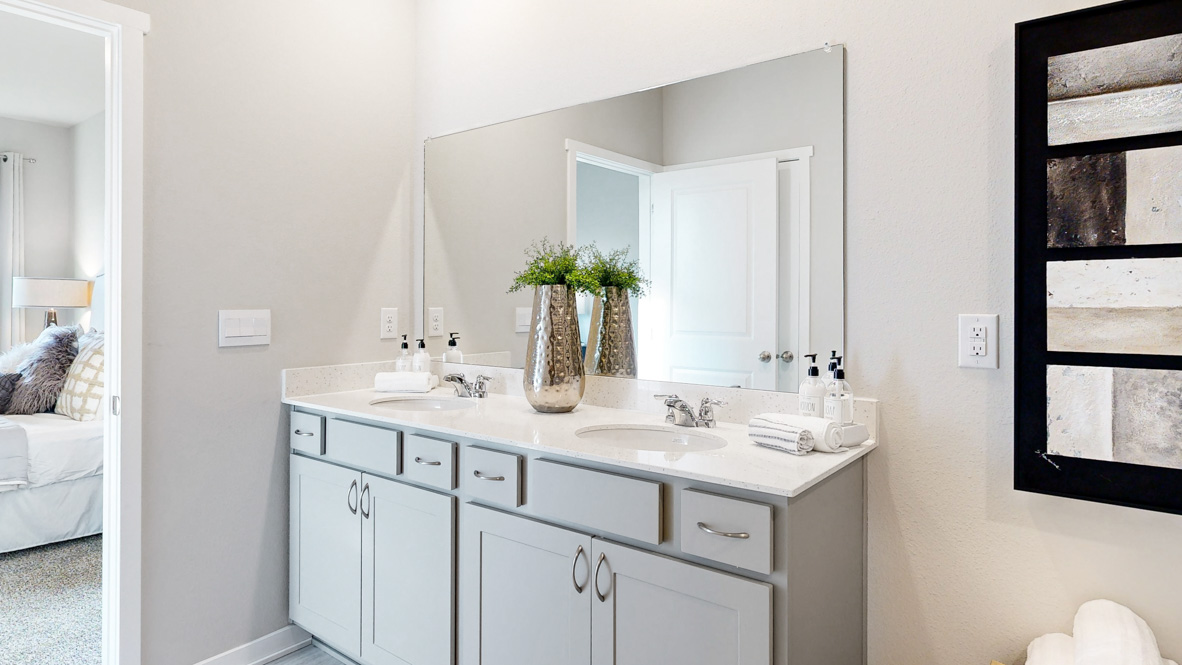 Spacious primary bathroom featuring dual vanities, modern fixtures, and a walk-in shower.